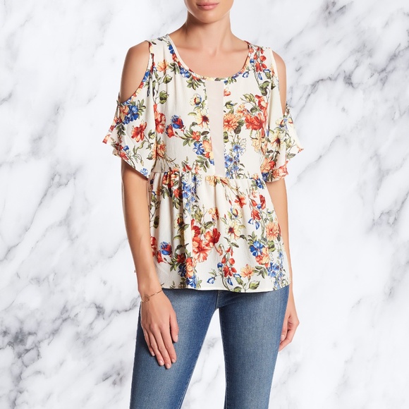 bobeau Tops - 💐Floral Cold Shoulder Peplum Blouse by Bobeau
